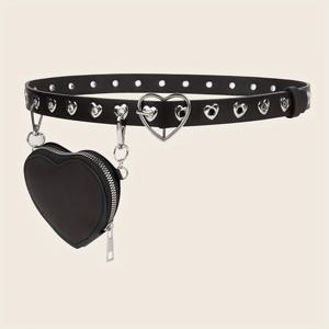 TEMU 시크한 펑크 스타일 미니 하트 벨트와 탈착 가능한 파우치 - 패셔너블 여성 액세서리, 캐주얼 & 파티용 리벳 악센트, 행사 벨트 | 하트 모양 가방 | 벨트