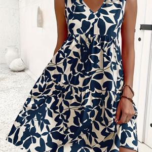 TEMU 봄 여름 여성용 프린트 플란탈 패턴 V넥 주름 러플 민소매 드레스