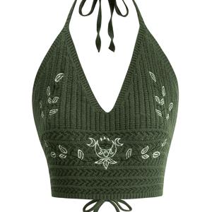 TEMU 잎 자수 크로셰 홀터 탑, 휴가 V 넥 크로스 타이 백리스 탑 봄 & 여름, 여성 의류