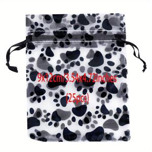 TEMU 25개 블랙 고양이 발 디자인 오르가자 보석 포장, 9x12cm 고품질 폴리에스터 및 나일론 드로스트링 선물 가방, 크리스마스 파티, 보석 보관, 전원 필요 없음