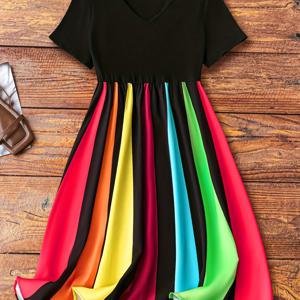 TEMU 여성용 플러스 사이즈 컬러풀한 V넥 드레스 - 캐주얼한 반팔, 신축성 있는 폴리에스테르, 올시즌 패션, V넥 라인 드레스| 패턴 드레스|신축성 있는 소재