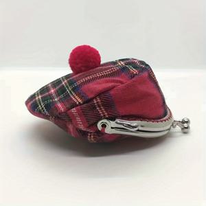 TEMU 빨간 폼폼과 금속 액센트가 있는 세련된 미니 체크 패턴의 코인 지갑 - 여성용 컴팩트 지갑, 열쇠 및 동전에 이상적, 흰색 배경, 지갑 액세서리