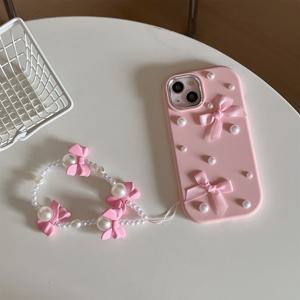 TEMU 휴대폰 케이스 - 패셔너블한 3D 듀얼 리본 진주 폰 케이스 (리본 팔찌 포함), 아이폰 17, 16, 15, 14, 13 호환