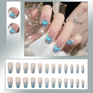 TEMU 24pcs 오로라 블루 그라데이션 프레스온 네일 세트 - 글리터 효과, 롱 쉐이프, 젤리 접착제 & 네일 파일 포함 여성용