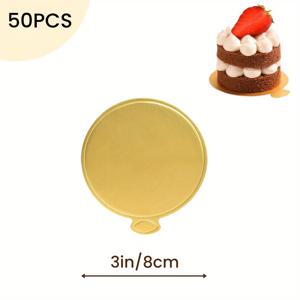 TEMU 골드 색상 원형 미니 케이크 종이 베이스 50/100개 세트, 식품 안전 튼튼한 일회용 컵케이크 베이스, 베이킹 디저트용 손잡이 편리함, 결혼식 및 생일 축하 행사에 이상적인 카드보드 디자인