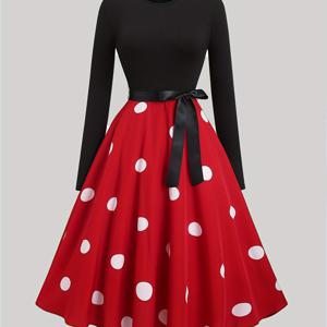 TEMU 가을 컬렉션 여성용 컬러 블록 폴카 도트 프린트 패치워크 드레스, 클래식하고 귀여운 디자인, 벨트 장식, 아름다운 긴팔 캐주얼 드레스 (리본 장식), 스위트하고 핏감 좋음, 출퇴근 및 우아한 스타일에 적합