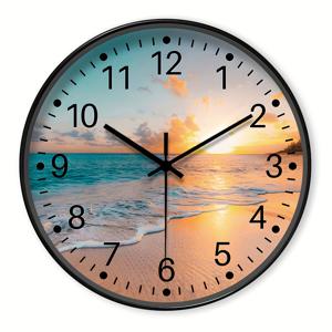 TEMU 1개 무소음 벽시계 - 열대 해변 일출과 바다 파도, 현대적인 코스탈 장식 거실/침실/사무실용 - 배터리 구동 원형 시계 (AA 배터리 미포함) - 집들이, 크리스마스, 선물 아이디어, 침실 인테리어 소품, 풍경 디자인, 고품질 마감, 홈