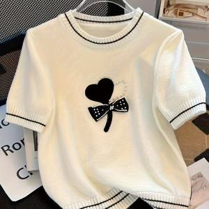 TEMU 2024 여름 신상 하트 리본 펄 반팔 티셔츠 여성용, 순수한 욕망 대학 스타일, 나이감소 베이스 레이어 탑, 트렌디