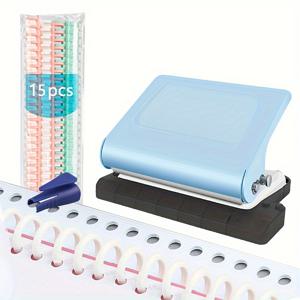 TEMU 블루 10구 제본기, 제안서 제본기: 금속 10구 펀치, 15개 다색 30구 바인더링 15개, 링 오프너 1개 포함. B5 용지 26구, A4 용지 30구, A5 책 20구 펀칭 가능. 비전동식, 배터리 불필요