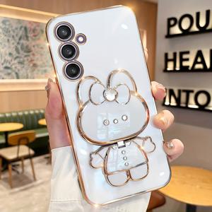 TEMU 휴대폰 케이스 - 삼성 갤럭시 S25/S25Plus/S25Ultra/S24/S24Plus/S24Ultra/S24Fe/Sm-S938B/Sm-S921B/Sm-S926B 토끼 보우 타이 휴대폰 케이스 귀여운 만화 메이크업 거울 스탠드 충격 방지 전기 도금 소프트 쉘 2024년 신형 휴대폰 커버