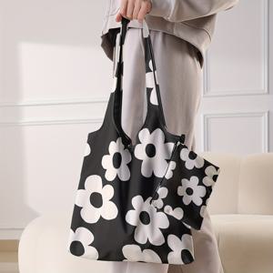 TEMU 대용량 투피스 멀티펑셔널 엄마와 여행용 가방, 블랙 앤 화이트 플라워 프린트 패턴 핸드백, 휴대용 숄더백, 재사용 가능한 쇼핑 핸드백