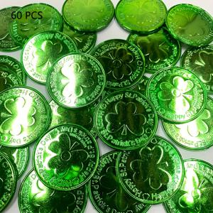 TEMU 세인트 패트릭의 날을 위한 60개의 플라스틱 셰임록 동전 세트, 3枚葉의 클로버가 특징인 금색과 녹색 동전, 셰임록과 레프레콘 컨피티가 포함되어 아일랜드 축제의 테이블 장식에 적합합니다.