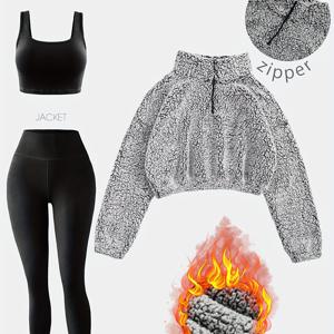 TEMU 라인드 스웨트셔츠 가을/겨울용 따뜻한 버블 패브릭 플러시 크롭 자켓 여성용, 통기성 피부 친화적 솔리드 컬러 탑 와이드 스트랩 패딩 없는 스포츠 조끼, 수분 흡수 빠른 건조 러닝 트레이닝 피트니스 스트레치 요가 팬츠, 요가 세트 3피스 의상 (액세서리 미포함)