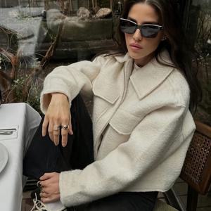 TEMU OUTTA BOX 여성용 캐주얼 트위드 재킷, 지퍼 포켓, 긴 소매, 라펠 칼라, 드롭 숄더, 릴랙스 핏, 화려하고 우아하며 스타일리시, 일상복, 외출, 파티, 봄용