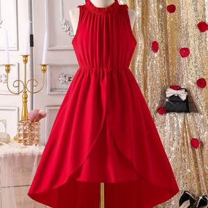 TEMU 여아용 여름 우븐 민소매 밝은 빨간색 비대칭 밑단 여성스러운 원피스