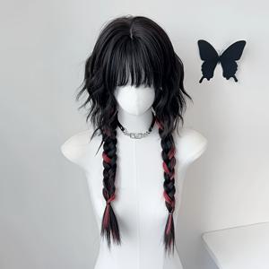 TEMU 26인치 남녀공용 가발, 블랙 & 레드 , 곱슬 보브 헤어스타일, 하이레이어 젊은 중국 고전 스타일 풀 가발