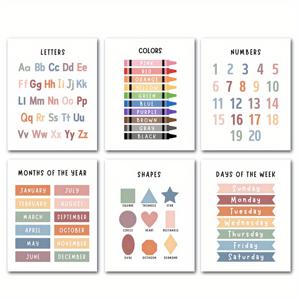 TEMU 교육 벽 예술 앨범 6개 세트, 교실 포스터, 홈 스쿨 장식 아트, 교육 포스터, 게임룸 포스터, 이상적인 선물, 방 장식 - 모양, 글자, 숫자, 시각적 학습 도구, 방 장식에 매우 적합, 액자 없음, 2D 평면, 방 장식에 완벽함