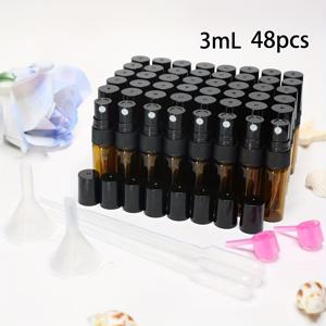 TEMU 호박색 스프레이 병 48개 + 무료 액세서리 6개 세트, 갈색 유리 향수 분무기, 미니 휴대용 메이크업 수분 공급 및 향수 리필용기, 재사용 가능, 세럼, 향수, 에센셜 오일용, 여행 필수품