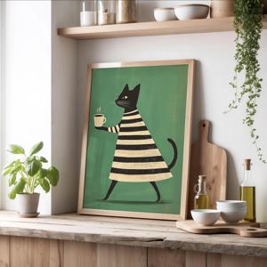 TEMU 1개 무테 캔버스 포스터 - 추상 미술 레트로 모던 민imal리스트 흑백 줄무늬 커피를 마시는 검은 고양이 프린트, 고품질 잉크 캔버스, 침실/거실/부엌/욕실용 실내외 벽 장식, 고양이 애호가를 위한 완벽한 선물, 빈티지 모던 믹스 | 예술적 인쇄, 고양이 장식