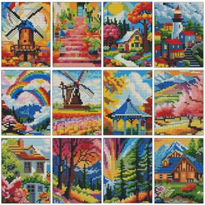 TEMU 12개 DIY 미니 크로스 스티치 키트 - 집과 풍차 풍경 장면, 고품질 원단의 사계절 디자인, 생동감 있는 색상의 초보자용 수제 공예품 홈 데코, 세밀한 자수