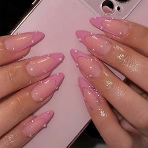 TEMU 24개 중간 크기 아몬드 프레스온 네일, 핑크 팁 디자인 네일, 여성용 달콤한 스타일, 여름 네일 아트, 데일리, 데이트, 오피스, 홈, 파티용