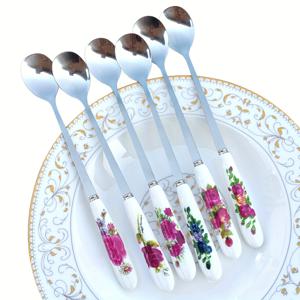 TEMU 6개 세트 연장형 커피 스푼, 독특한 스테인리스 스틸 커트러리, 빈티지 세라믹 손잡이가 특징인 매력적인 소형 스푼, 설탕, 꿀, 수프, 밀크티를 가루질할 때 이상적