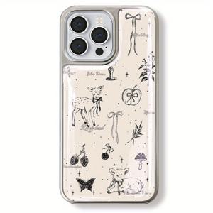 TEMU 보우와 새끼사슴 패턴 휴대폰 케이스, 참신하고 인터넷에서 유명한 요정 같은 전기도금 수ฮाइ드로겔 케이스. 아이폰 16/15/14/13/12/11 호환. 얼룩 방지, 스타일리시, 트렌디. 유리 휴대폰 케이스