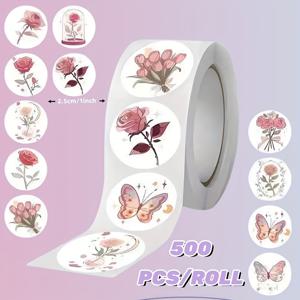 TEMU 롤형 둥근 1인치 장미 나비 플로럴 시리즈 패턴 스티커 500개/롤, 선물 포장, 장식, 선물 상자 밀봉, 결혼식, 휴일, 인사 카드, 초대장, 손수건 답례품 장식, 휴대폰 케이스, 물병용, 나비 장미 소재 스티커
