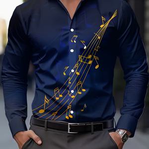 TEMU 남성용 음악 노트 그라데이션 프린트 캐주얼 버튼업 셔츠 - 블루 & 골든 대비 디자인, 라펠 칼라, 레귤러 핏 긴팔, 봄 여름 가을 웨딩 파티 정장, 패셔너블한 패턴, 마감, 다재다능한 상의, 패션 애호가용