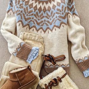 TEMU 여성용 우아한 에스닉/기하학 스웨터 - 부드럽고 따뜻한 겨울 스웨터, 라운드넥, 컬러 블록 디자인 (//타우프), 세탁기 사용 가능한 가을/겨울용 코지 스웨터, 2024 신상품