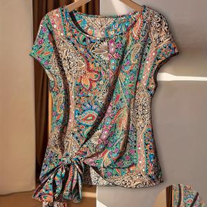 TEMU 여성용 페이즐리 프린트 민소매 비대칭 밑단 블라우스