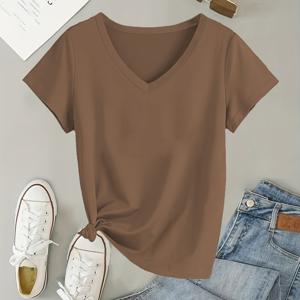 TEMU 여성용 캐주얼 V넥 반팔 티셔츠 - 부드러운 폴리에스터 소재, 솔리드 컬러 사계절 레이어링 블라우스, 기계 세탁 가능 일상 베이직 티, 편안한 핏