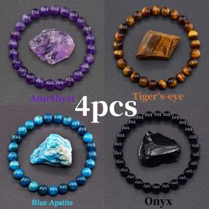 TEMU 스타일 비즈 팔찌 4개 세트 - 자수정, 호랑이 눈, 흑요석, 파란색 아파이트가 특징 - 부와 사랑을 위한 팁이 있는 신축성 있는 비즈 팔찌 - 남녀 모두를 위한 이상적인 선물, 행운과 성취를 위한 주얼리