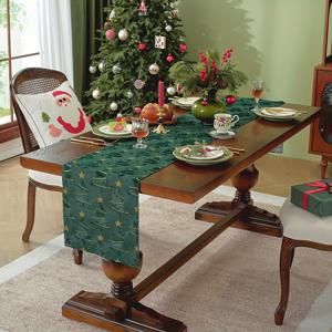 TEMU 축제 장식을 위한 녹색 플러시 다섯각 별 자수 크리스마스 테이블 러너, 테이블 또는 침대에 적합