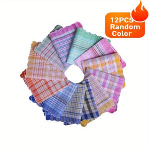 TEMU 빈티지 스타일 손수건 12매 세트 (달 모양 가장자리, 체크 무늬), 노인용, 여성용 체크 손수건, 남성용 흡수성 좋은 땀 수건, 여행용 수건, 색상은 랜덤