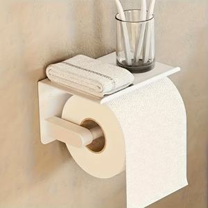 TEMU 1개 스테인리스 스틸 화이트 화장지 홀더 + 상단 수납 선반, 무드릴 접착식 또는 드릴 설치, 욕실 및 메이크업룸용 - 다양한 마감 옵션, 화장지 보관 용기