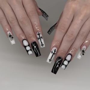 TEMU 24개 세트 롱 코핀 네일 블랙 제브라 패턴 라인 스톤 & 아스트랄 장식 디자인 풀 커버리지 탈부착 가능 여성용 인조 손톱 + 24개 세트 롱 코핀 네일 블랙 제브라 프린트 라인 스톤 아스트랄 트림 디자인 완전 커버 탈부착 가능한 여성용 인조 손톱