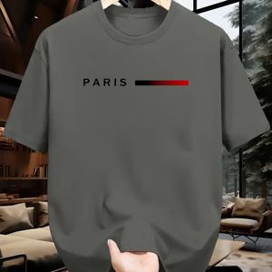 TEMU 남성용 파리 그래픽 티셔츠 - 화이트 반팔 라운드넥 레드 액센트 & 로고, 소프트 폴리에스터 원단, 세탁기 사용 가능, 사계절 캐주얼 웨어, 미니멀 디자인, 편안한 소재, 베이직 티, 패션 애호가를 위한 캐주얼 셔츠