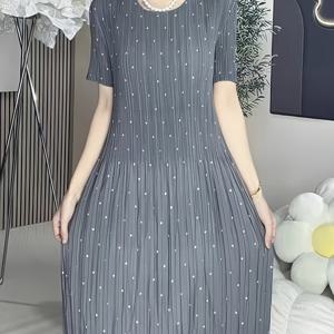 TEMU 플러스 사이즈, 플리츠 쉬폰 드레스, 패셔너블 여름 신상 고급스러운 도트 프린트 허리 조절 탄력 있는 플러스 사이즈 드레스, 플러스 사이즈 피규어 플래터링 드레스, 플러스 사이즈 드레스