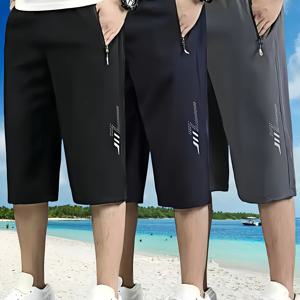 TEMU 3개 남성용 여름 스포츠 카프리 팬츠 - 가벼운 통기성 폴리에스터 캐주얼 트레이닝 반바지, 지퍼 포켓 & 드로스트링 허리 밴드 포함 (아웃도어 러닝, 헬스, 하이킹) - 단색