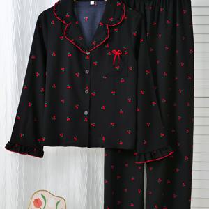 TEMU 블랙 체리 프린트 여성용 파자마, 러플 긴팔과 긴바지 세트, 여유롭고 편안한 레드 트리밍의 우아한 여성용 라운지웨어, 가디건 스타일 라펠 싱글브레스트 버튼업 리본 포켓 라운지웨어