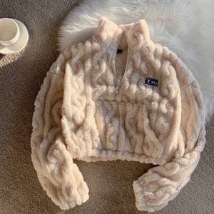 TEMU 2026 봄 신상 루즈핏 캐주얼 패션 숏 플러시 하프 지퍼 풀오버 하이넥 여성 스웨트셔츠 롱슬리브 재킷 리브드 텍스처, 홈, 파티, 데이트, 출퇴근, 직장, 발렌타인데이, 카니발에 적합