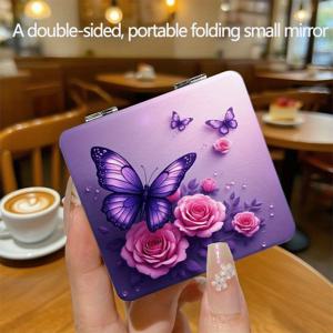 TEMU 휴대용 사각 메이크업 거울, 컴팩트한 나비 디자인 - 보라색 나비와 장미 패턴이 있는 양면 접이식 거울, 여행, 핸드백, 지갑 및 주머니에 적합