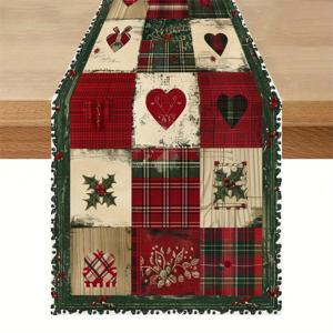 TEMU 1개, 패치워크 체크무늬 프린트 테이블 러너, 크리스마스 퀼트 테이블 러너, 빈티지 스타일, 프린트 폴리에스터 테이블보, 선명하고 매력적인 프린트의 긴 러너, 홈 데코, 가족 저녁 식사, 겨울 축제, 호텔 레스토랑, 휴일 장식에 적합