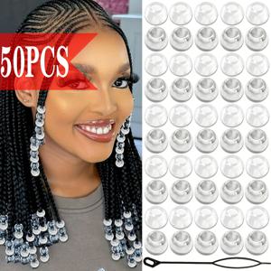 TEMU 실버리 헤어 비즈 락 드레드락 50개, 대형 투명 비즈 액세서리, 땋은 머리, 여성용 헤어 장식 액세서리, 주얼리 만들기 키트