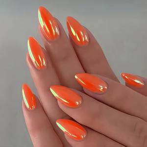 TEMU 24개입 오렌지 크롬 아몬드 모양 네일 팁, 데일리 패션 및 출퇴근 필수템, 특별한 날 여성에게 완벽한 선물