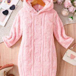TEMU 여아용 핑크색 플러시 후드 스웨트셔츠, 봄/가을용 아동용 엠보싱 상의, 어린 여아를 위한 달콤하고 귀여운 스타일의 긴팔 핑크색 스웨트셔츠 원피스