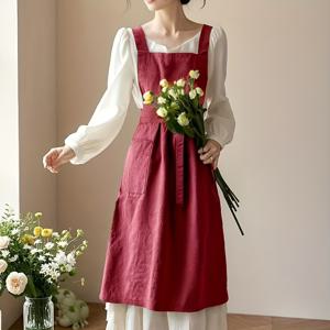 TEMU 일본식 한국식 여성용 비브 스타일 롱타이 앞치마, 우아한 가드닝 앞치마, 주방, 베이킹, 플로럴 아트, 매니큐어, 아트, 바리스타, 작업복에 적합