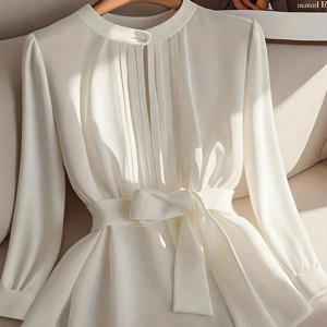 TEMU 여성용 우아한 솔리드 컬러 긴팔 블라우스 - 벨트 가능, 라운드넥 셔츠, 루즈핏 오피스 & 캐주얼 웨어, 세탁기 사용 가능 솔리드 컬러 탑