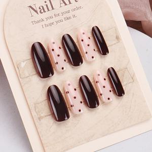 TEMU 가을 겨울 신상 미드 오벌 다크 브라운 & 라이트 핑크 도트 프레스온 네일, 달콤하고 스타일리시한 풀커버 인조네일, 여성 일상용 프레스온 인조네일